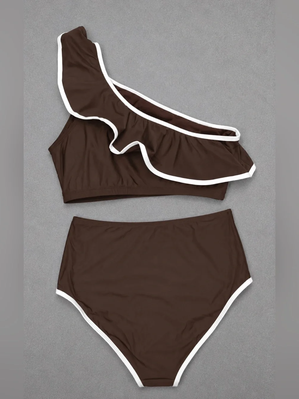 Hersea Women's Bikini Set - Brown One Shoulder Ruffle Hem - Size Large